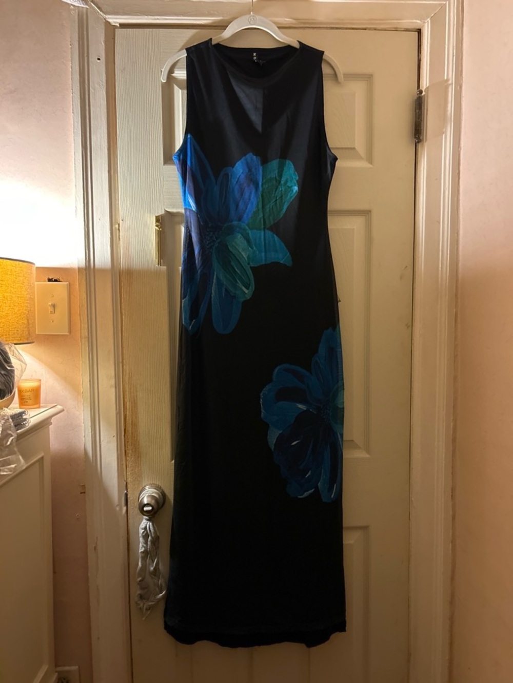 Motel Rocks Black Maxi Dress with Blue Floral Motif